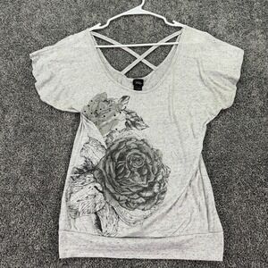 Vanity Shirt Womens Large Gray Floral Rhinestone Top Casual City Flower